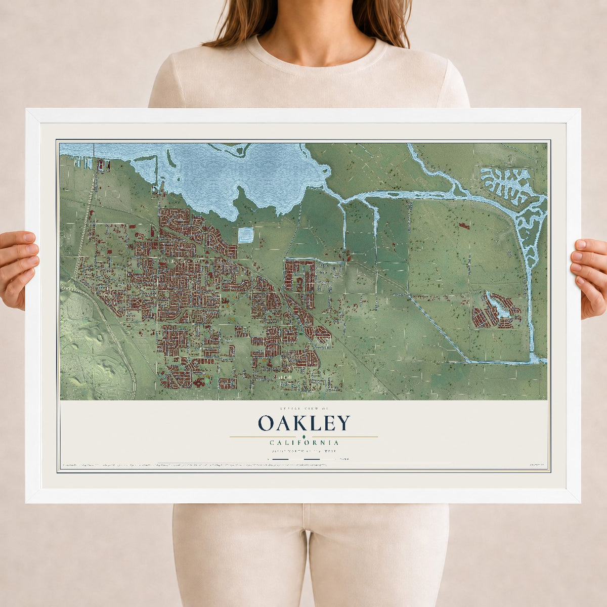 Map of Oakley, California, 18 x 24 inch print in a white wood frame