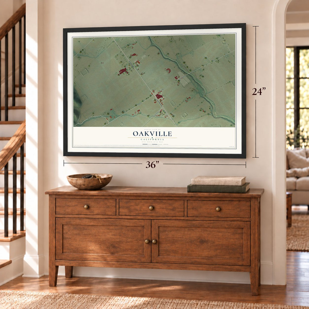 Oakville, California map, 24 x 36 inch print in a black frame above a dresser by a staircase