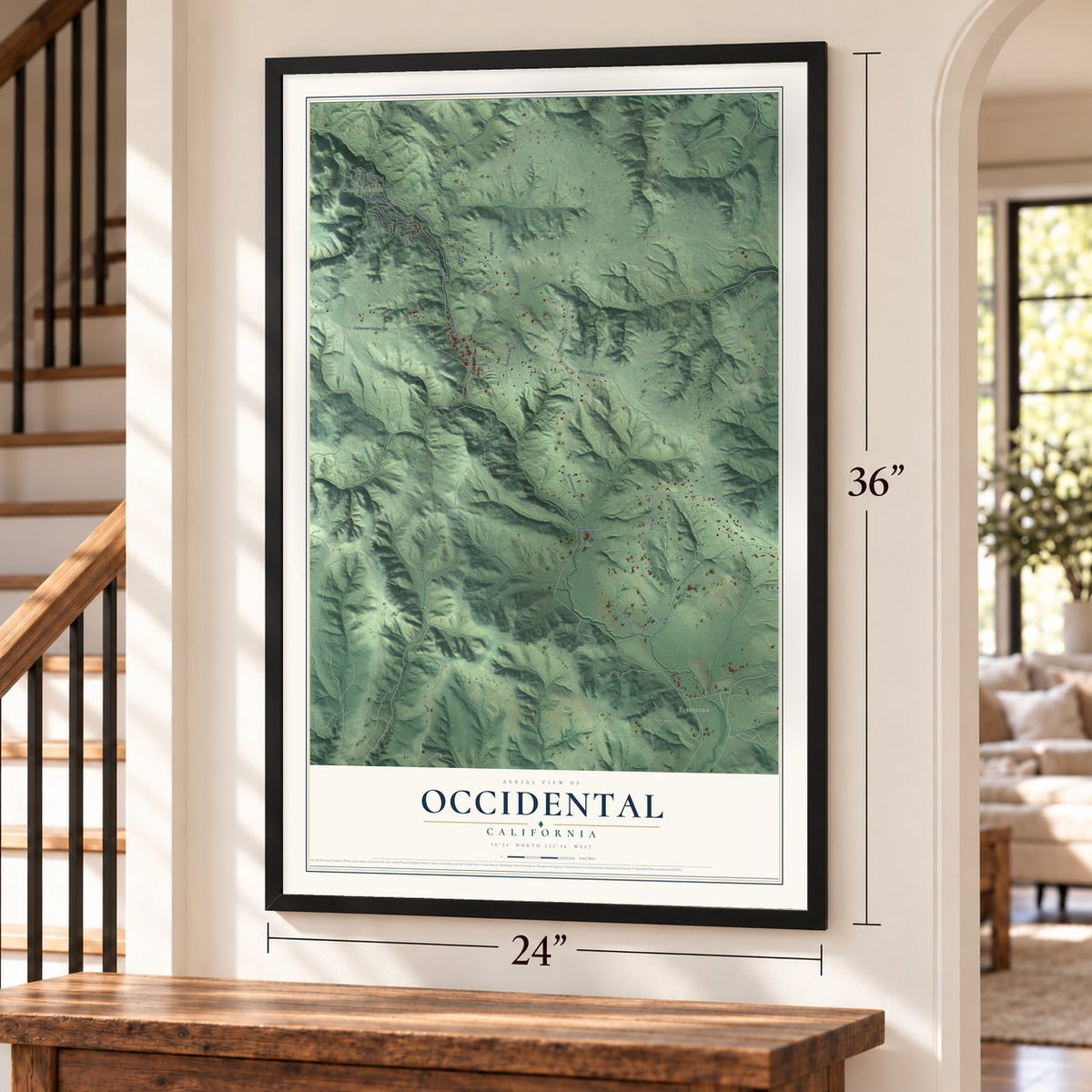 Occidental, California map, 24 x 36 inch print in a black frame by a staircase