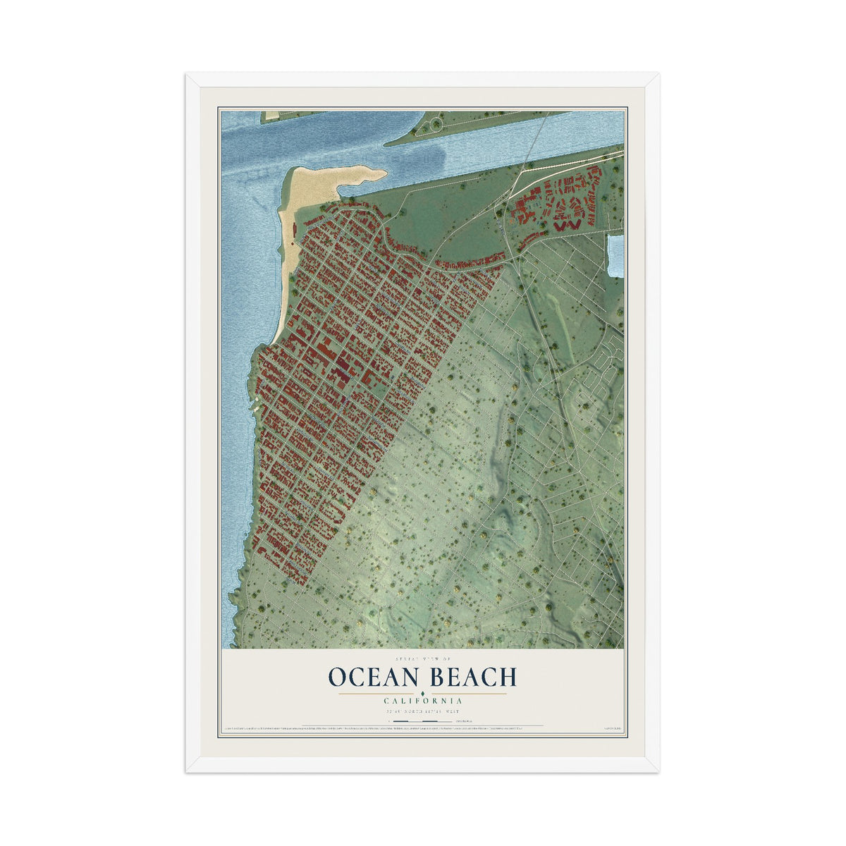 Map of Ocean Beach, California, 12 x 18 inch print in a white wood frame