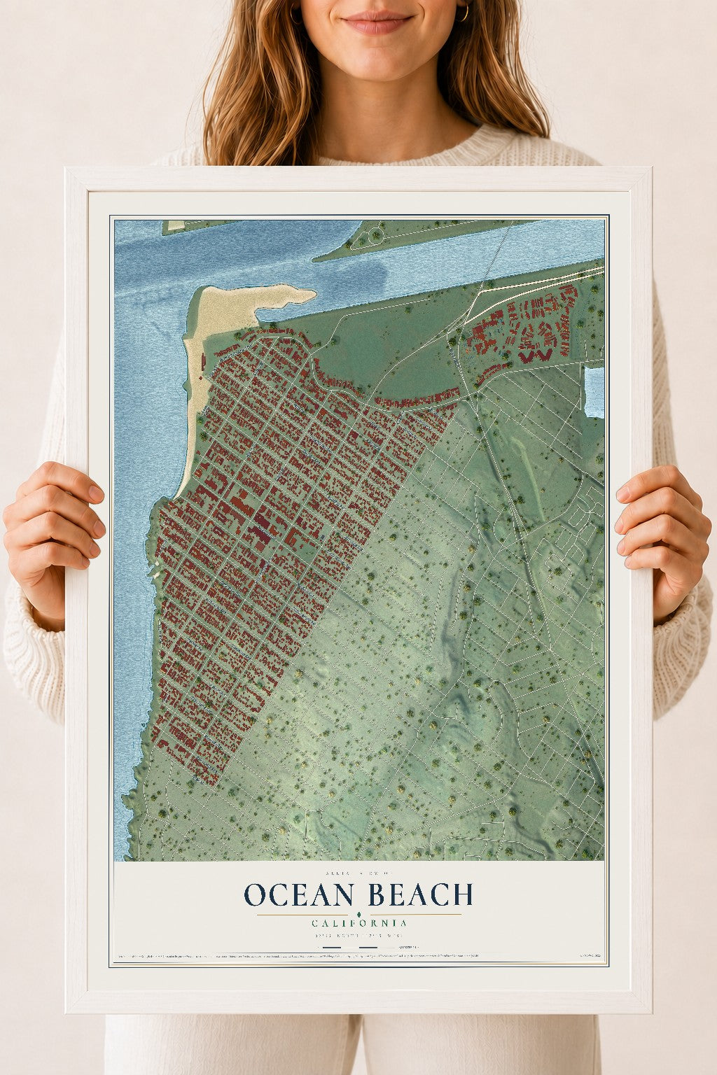 Map of Ocean Beach, California, 18 x 24 inch print in a white wood frame