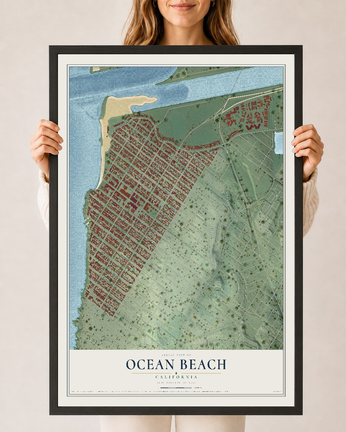 Map of Ocean Beach, California, 24 x 36 inch print in a black wood frame