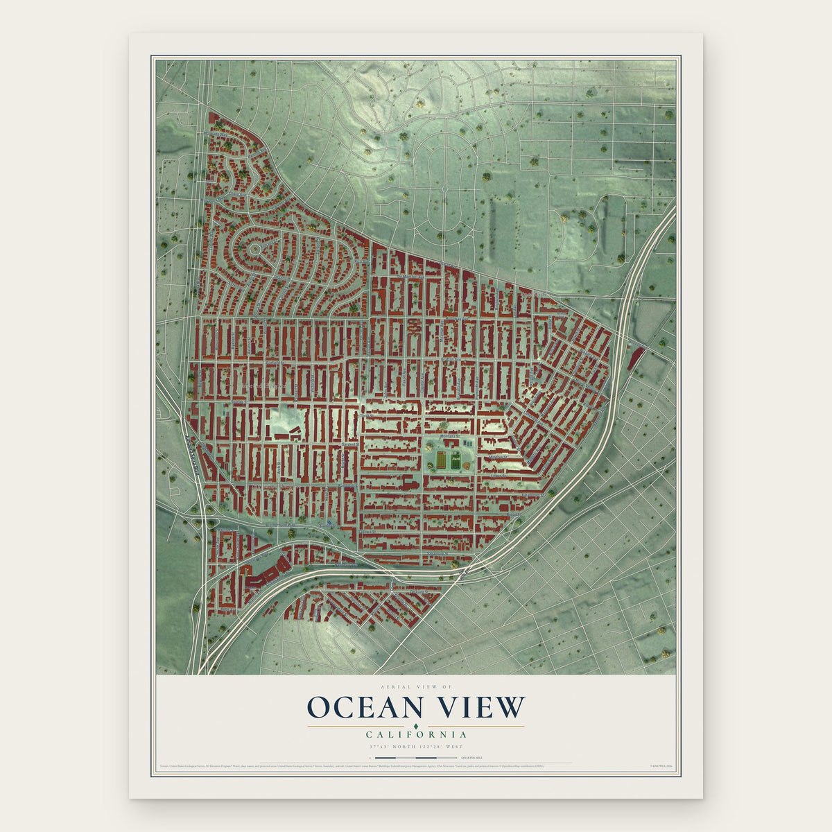 Ocean View, California map print, the full design