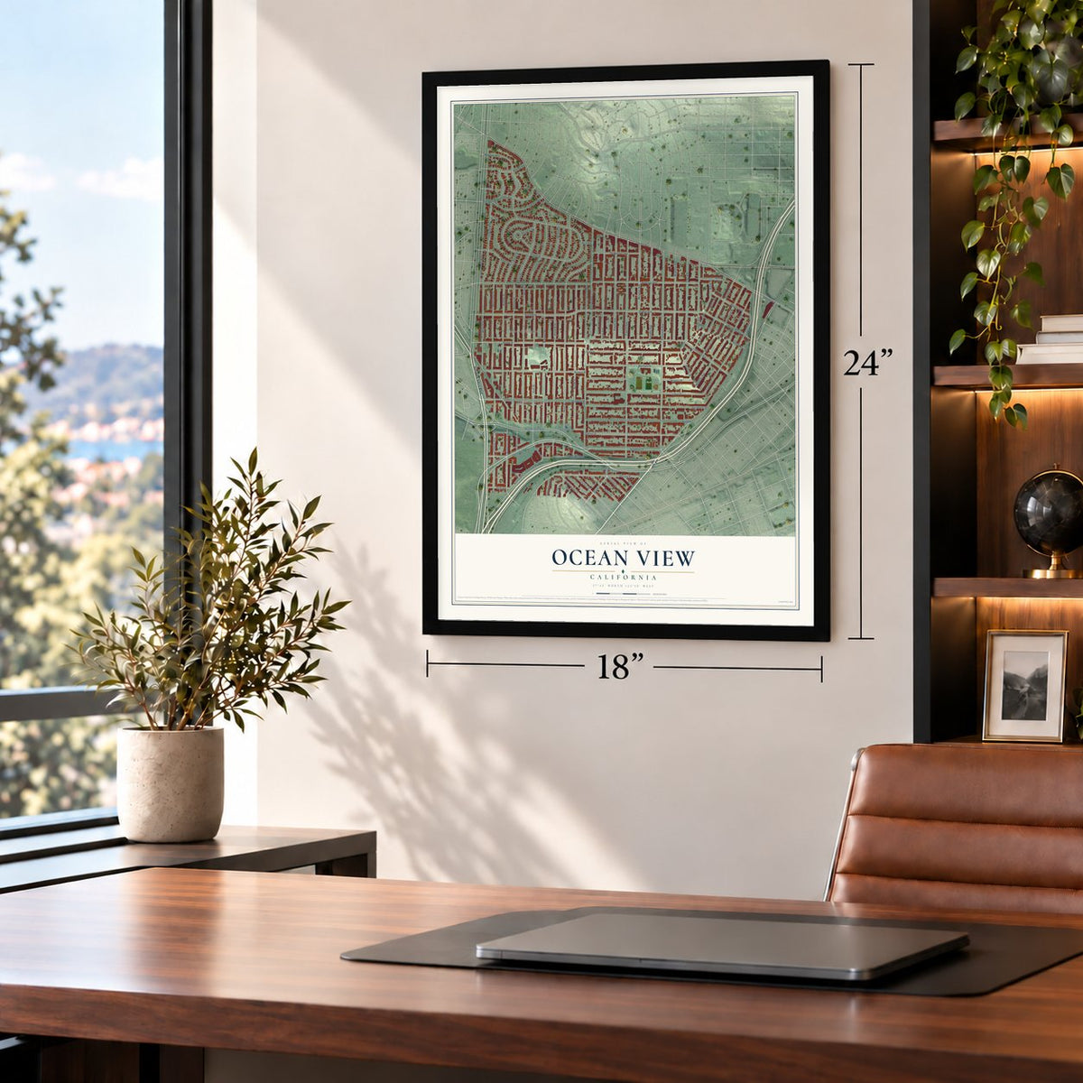 Ocean View, California map, 18 x 24 inch print in a black frame in a home office