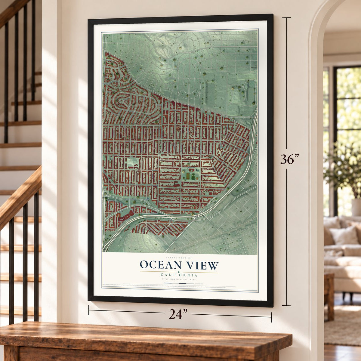 Ocean View, California map, 24 x 36 inch print in a black frame by a staircase