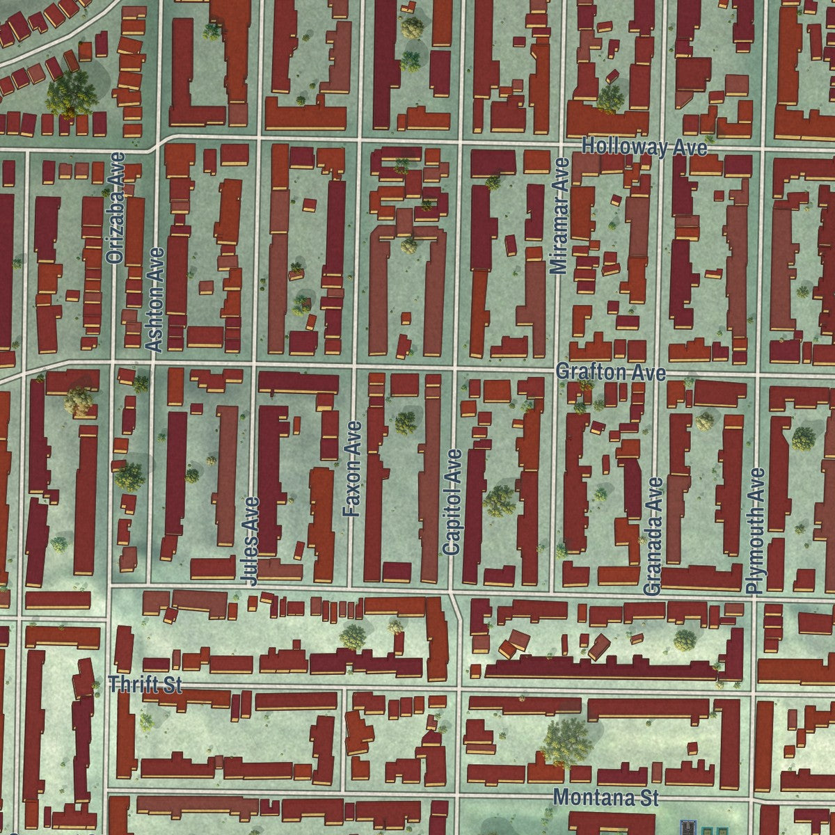 Close-up of the map of Ocean View, California print showing street and building detail