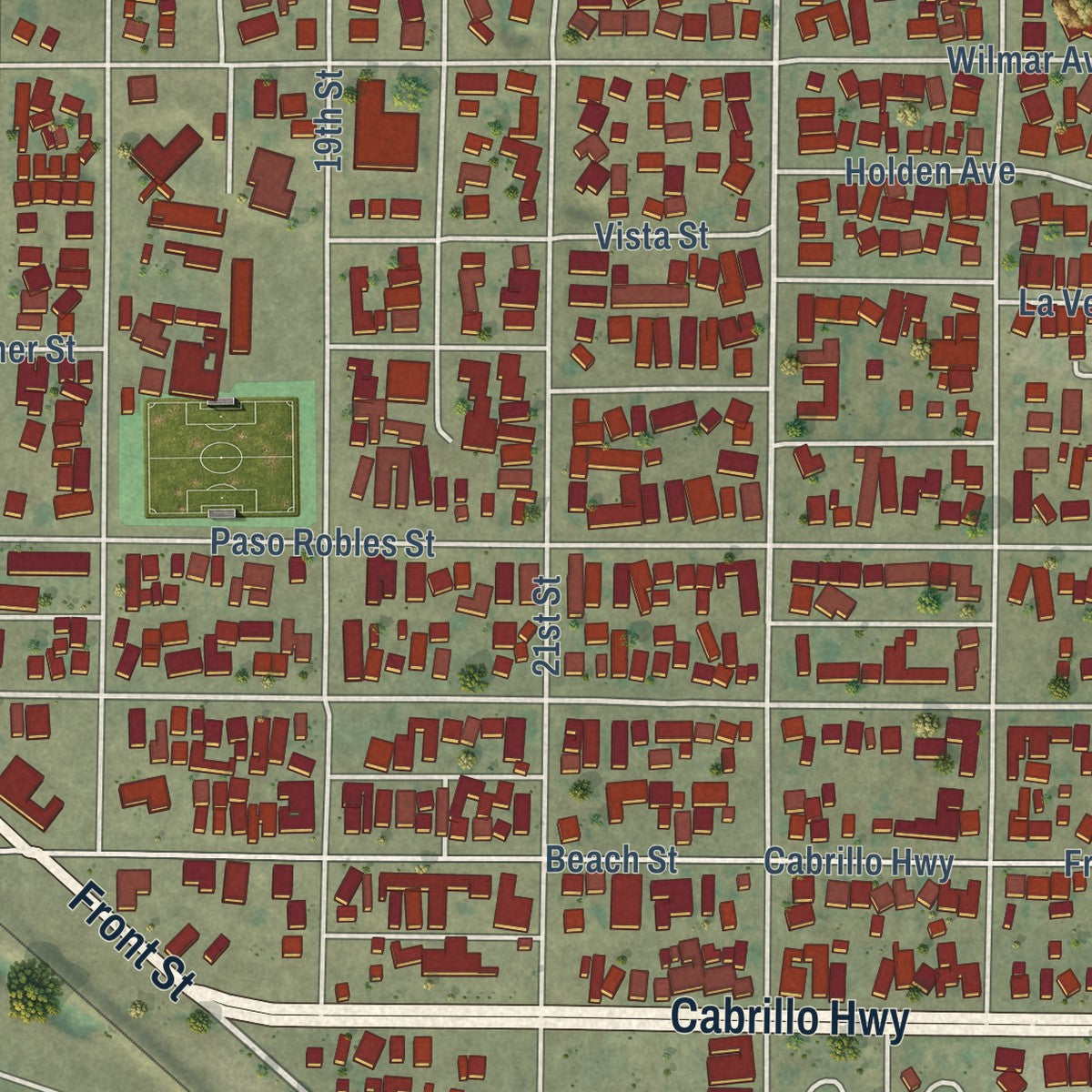 Close-up of the map of Oceano, California print showing street and building detail