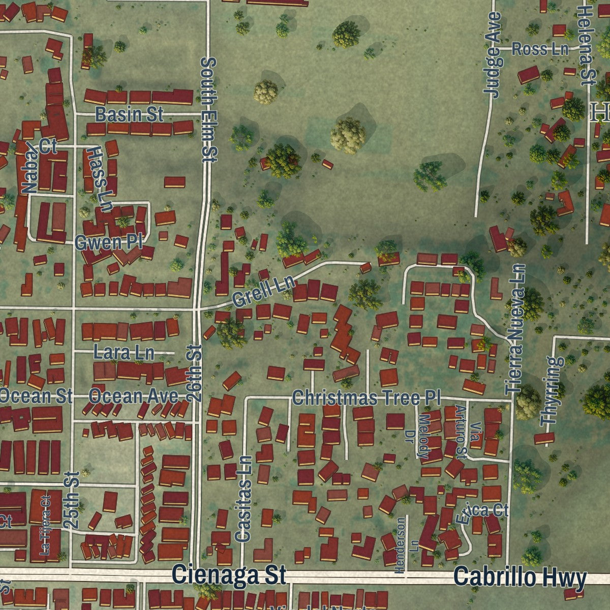 Second close-up of the map of Oceano, California print showing more streets and buildings
