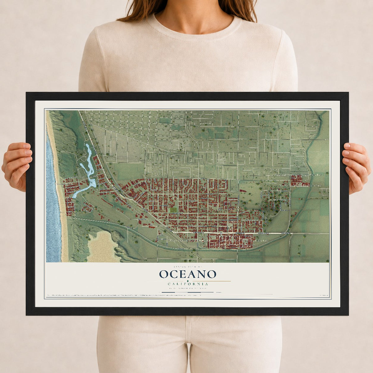 Map of Oceano, California, 12 x 18 inch print in a black wood frame