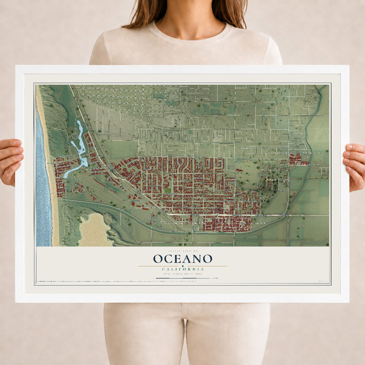 Map of Oceano, California, 18 x 24 inch print in a white wood frame