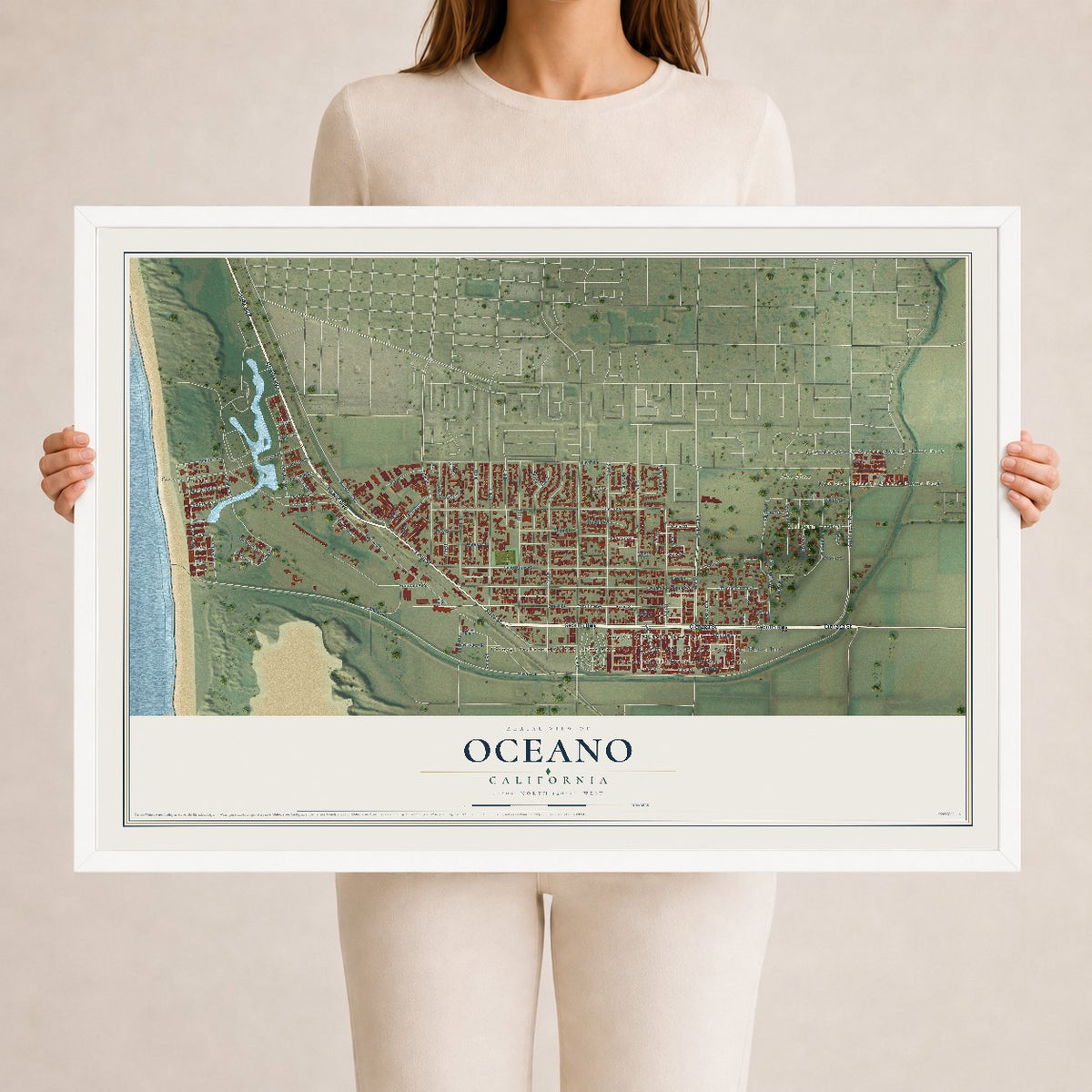 Map of Oceano, California, 24 x 36 inch print in a white wood frame