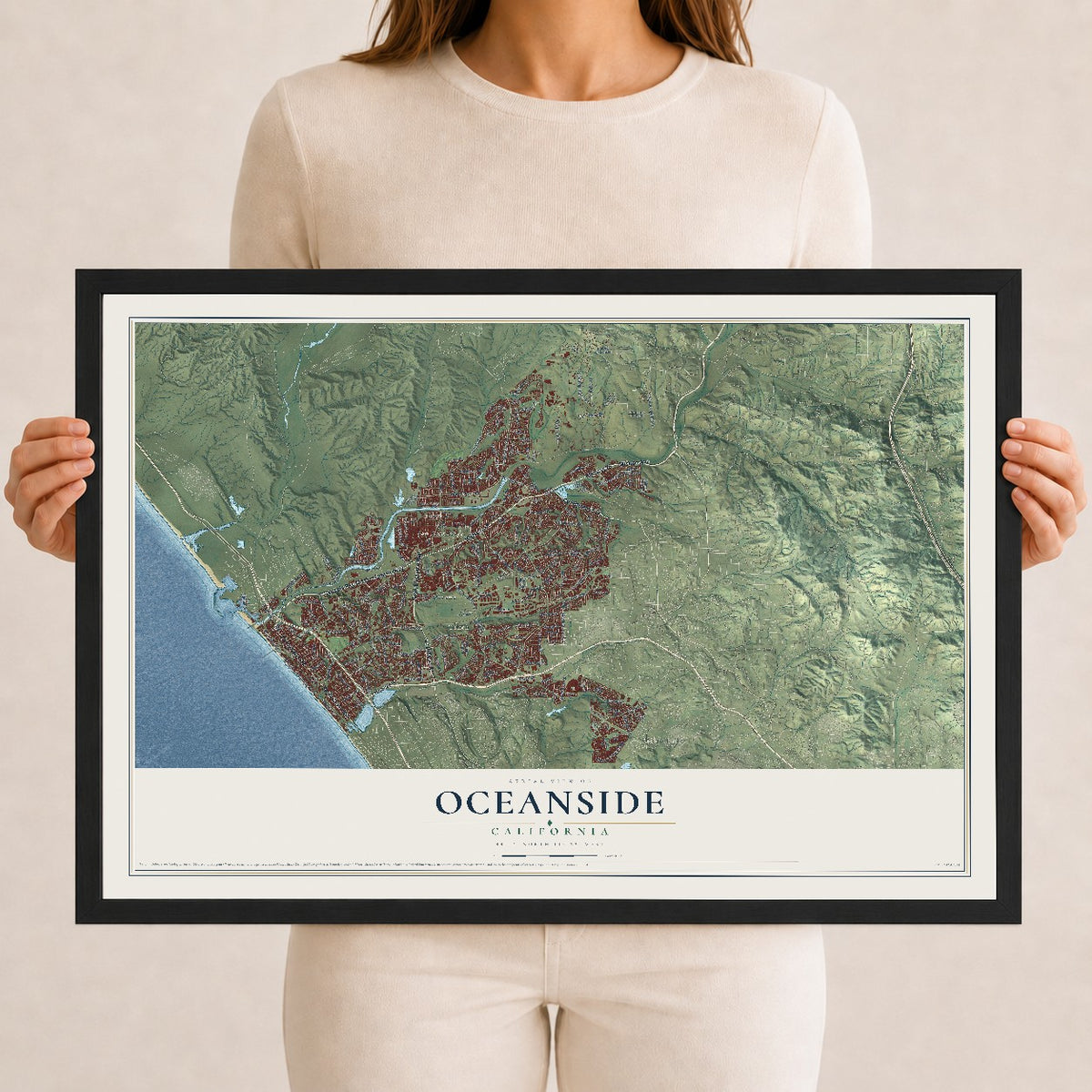 Map of Oceanside, California, 12 x 18 inch print in a black wood frame