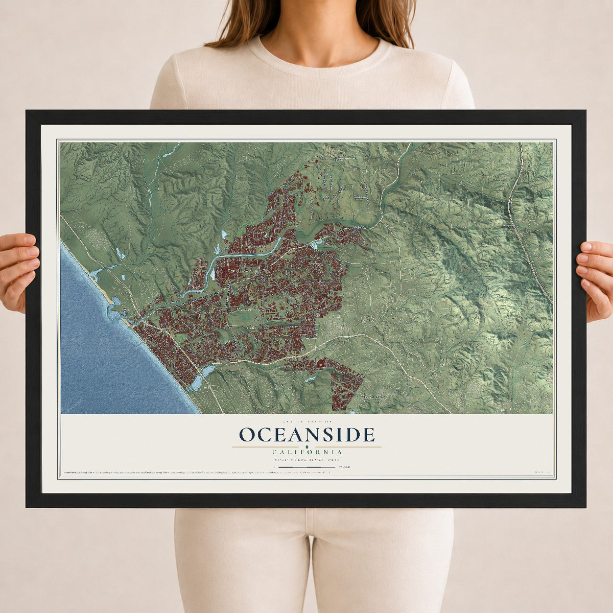 Map of Oceanside, California, 18 x 24 inch print in a black wood frame