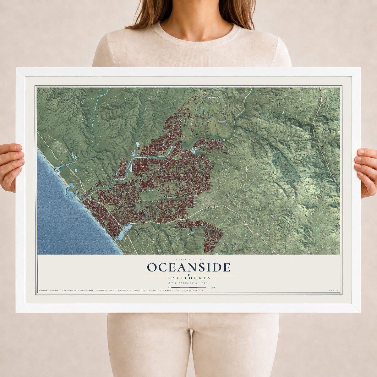 Map of Oceanside, California, 18 x 24 inch print in a white wood frame