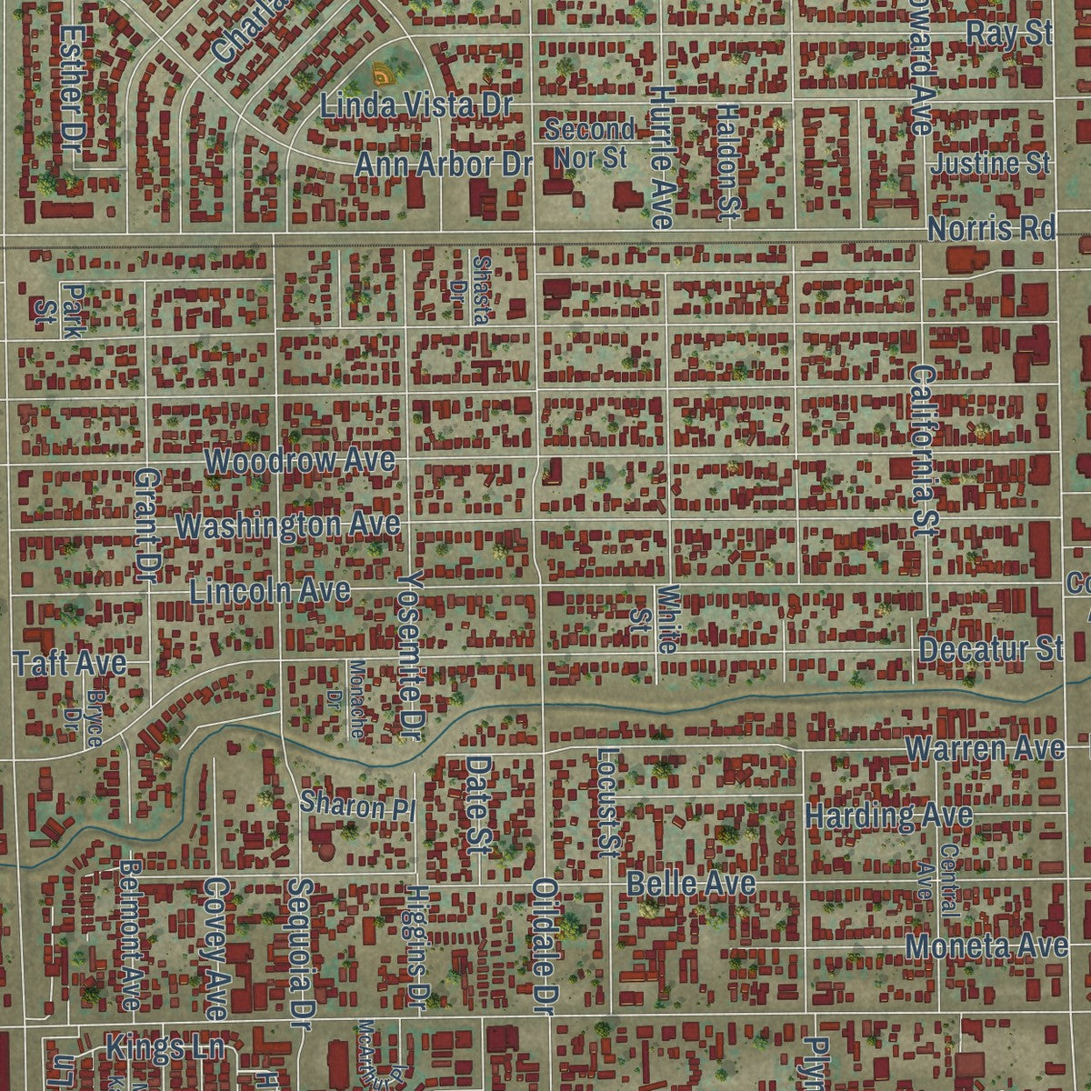 Close-up of the map of Oildale, California print showing street and building detail
