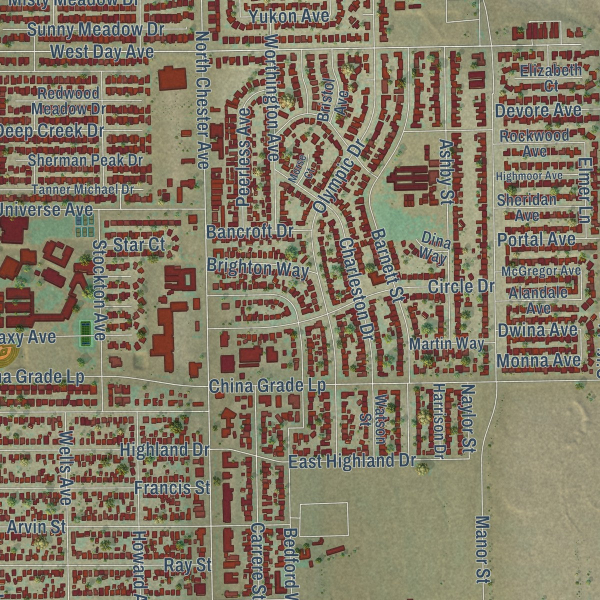 Second close-up of the map of Oildale, California print showing more streets and buildings