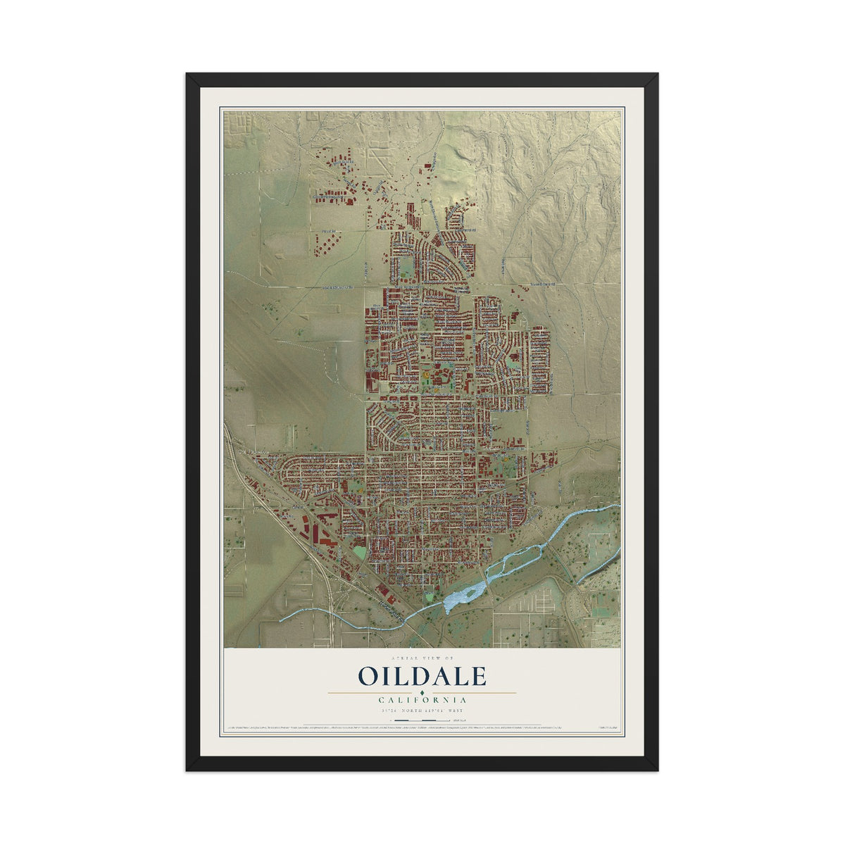 Map of Oildale, California, 12 x 18 inch print in a black wood frame
