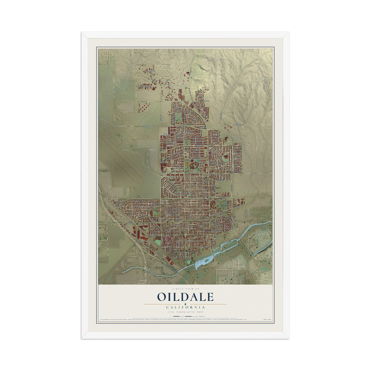Map of Oildale, California, 12 x 18 inch print in a white wood frame