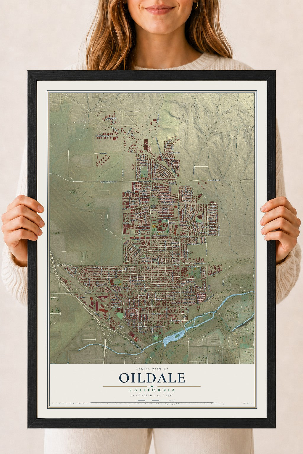 Map of Oildale, California, 18 x 24 inch print in a black wood frame