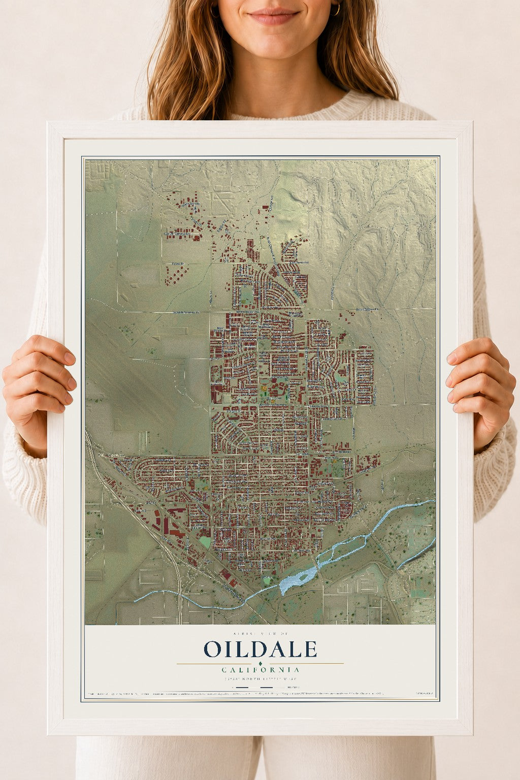 Map of Oildale, California, 18 x 24 inch print in a white wood frame