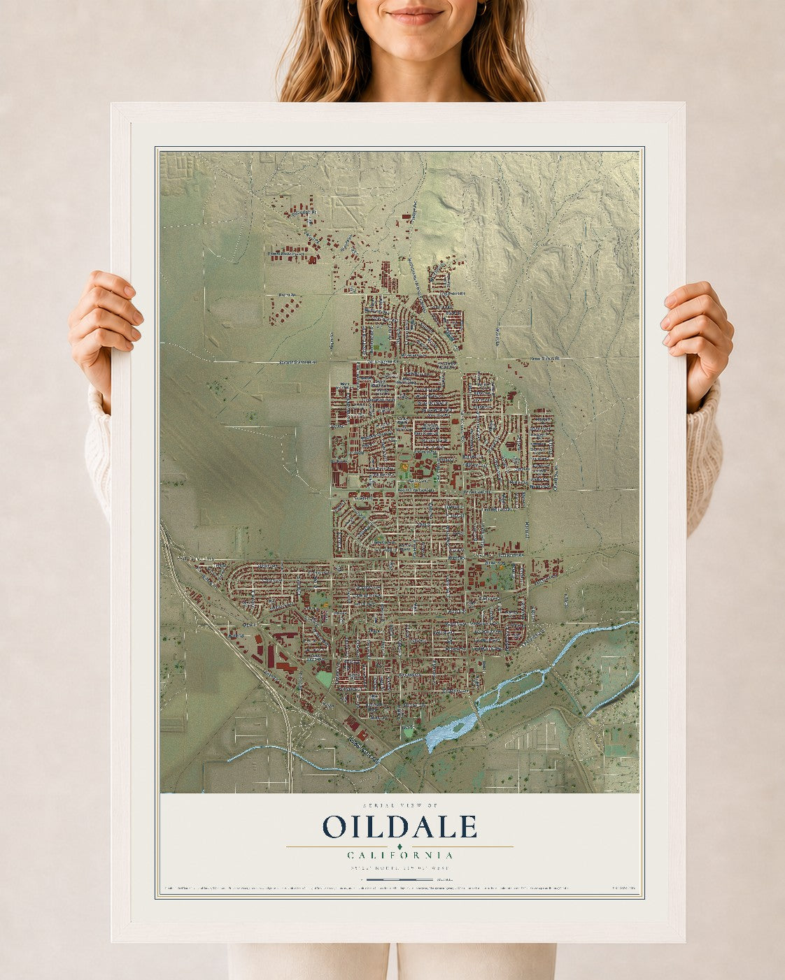 Map of Oildale, California, 24 x 36 inch print in a white wood frame