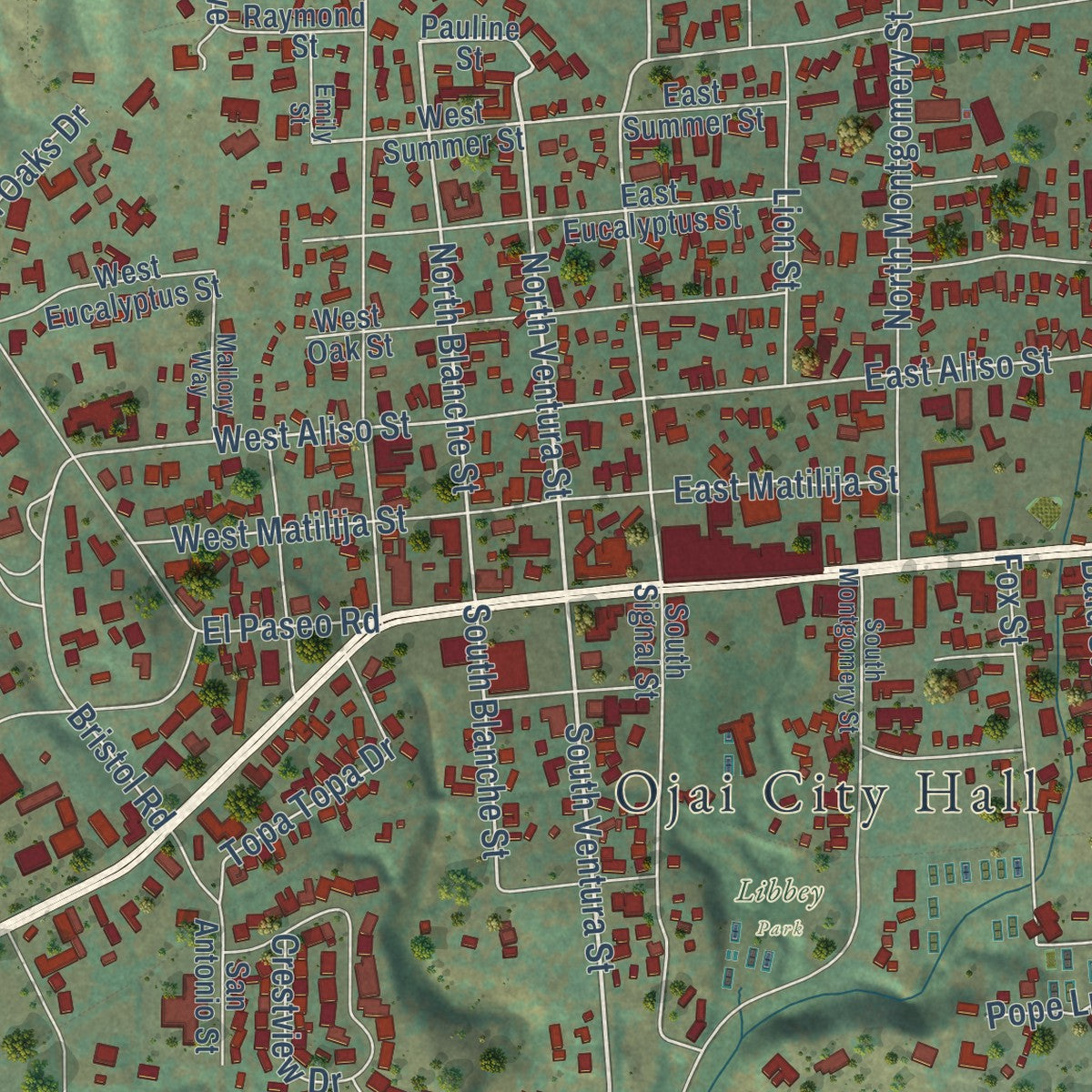 Close-up of the map of Ojai, California print showing street and building detail