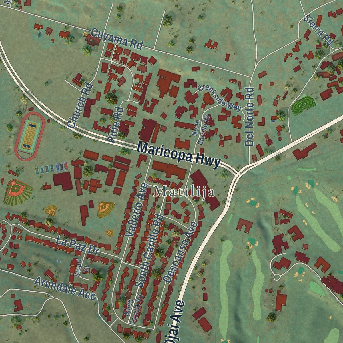 Second close-up of the map of Ojai, California print showing more streets and buildings