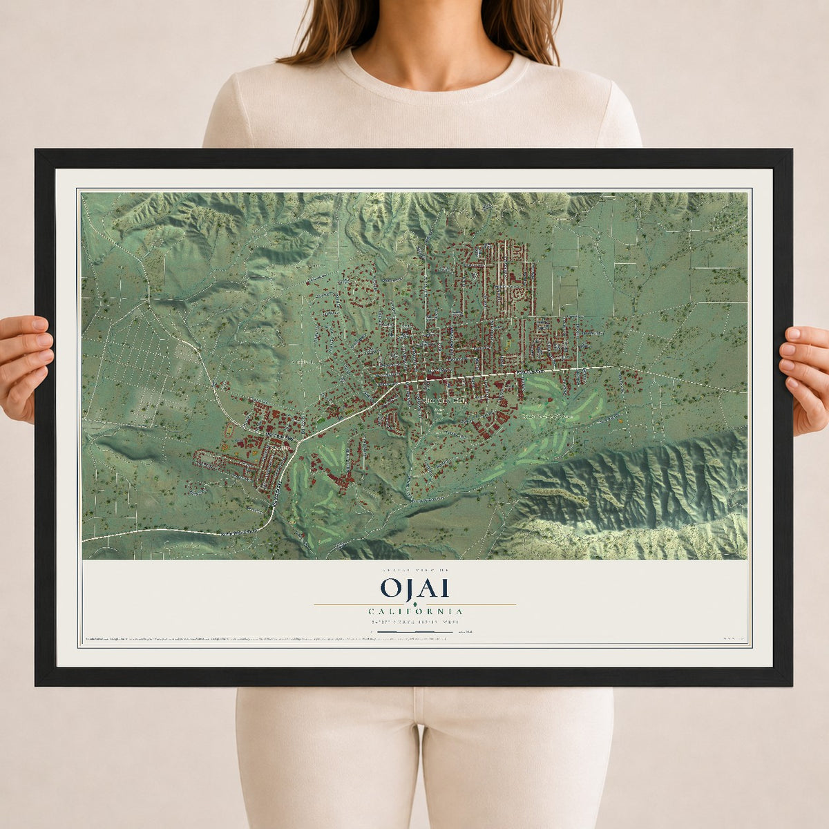 Map of Ojai, California, 18 x 24 inch print in a black wood frame