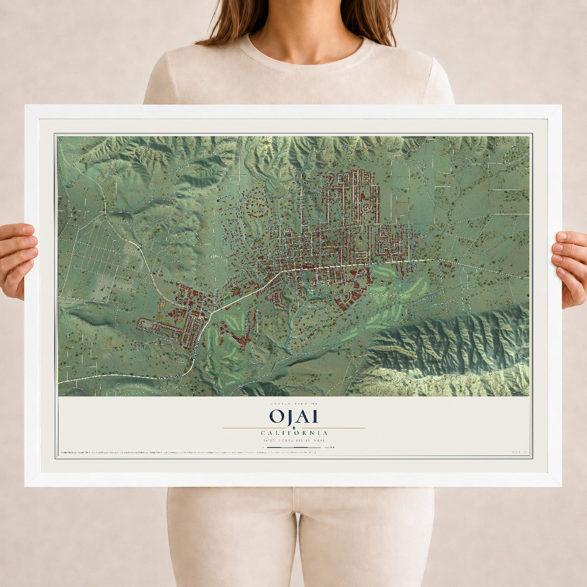 Map of Ojai, California, 18 x 24 inch print in a white wood frame