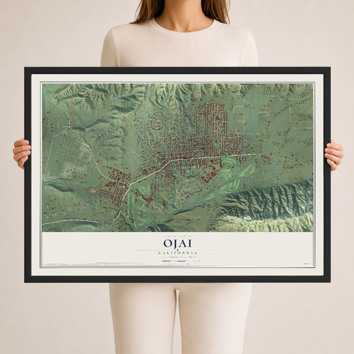Map of Ojai, California, 24 x 36 inch print in a black wood frame