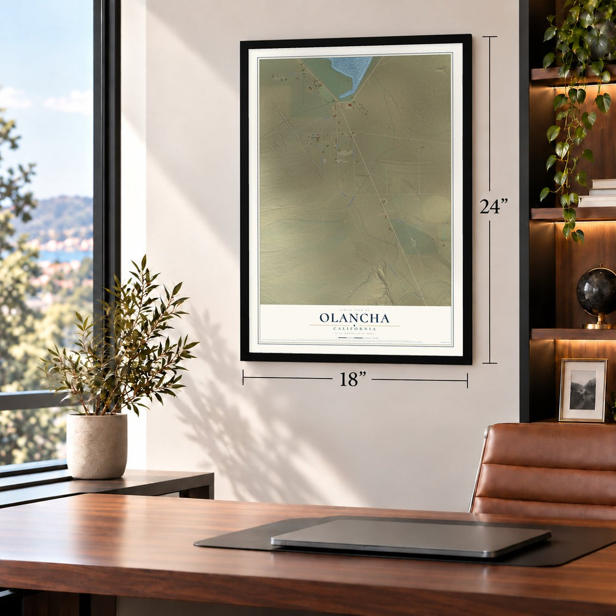 Olancha, California map, 18 x 24 inch print in a black frame in a home office
