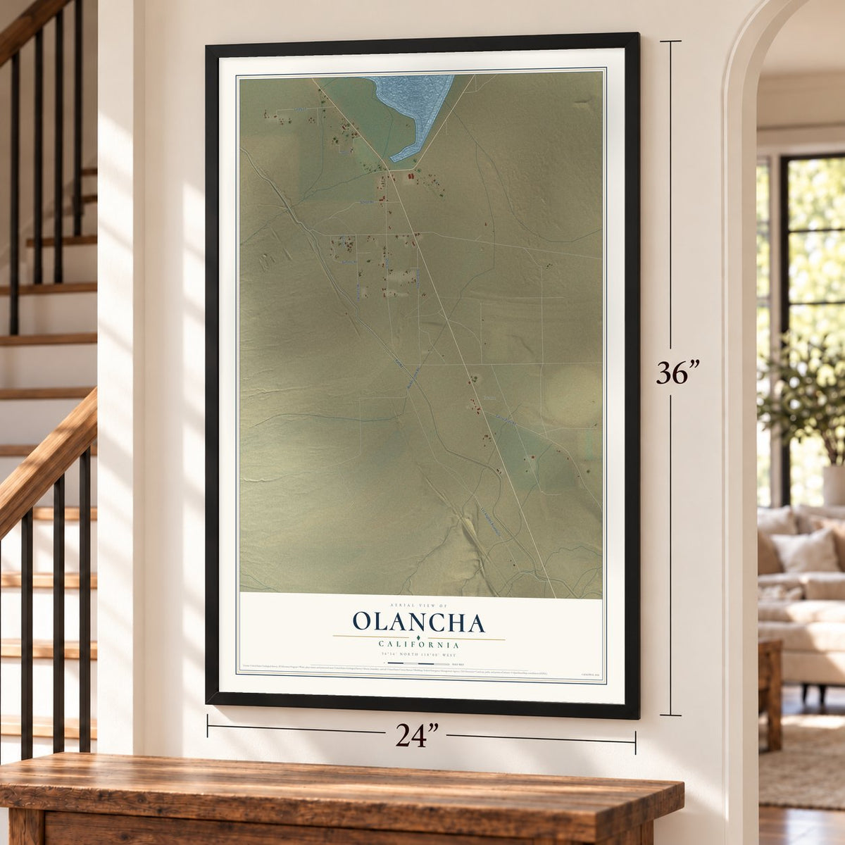 Olancha, California map, 24 x 36 inch print in a black frame by a staircase
