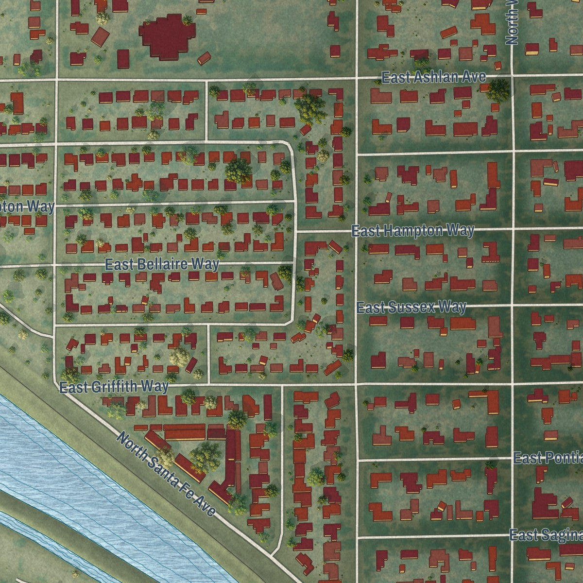Close-up of the map of Old Fig Garden, California print showing street and building detail