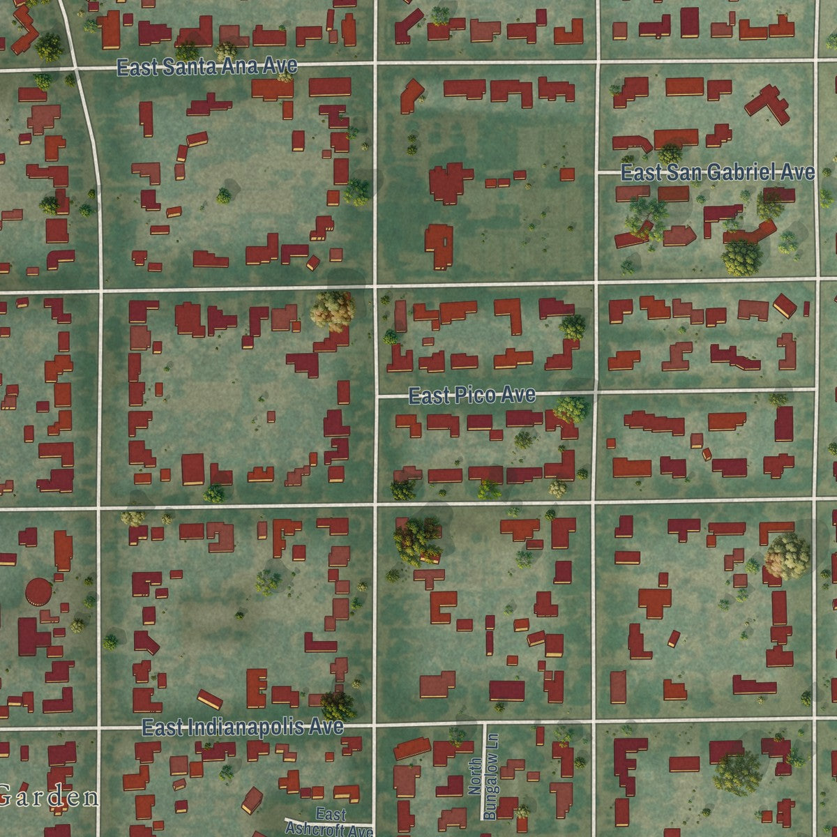 Second close-up of the map of Old Fig Garden, California print showing more streets and buildings