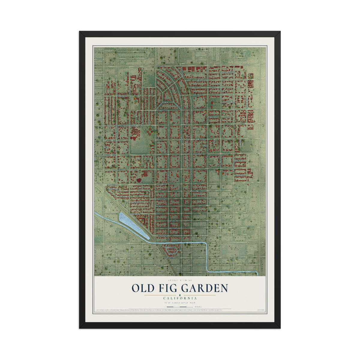 Map of Old Fig Garden, California, 12 x 18 inch print in a black wood frame