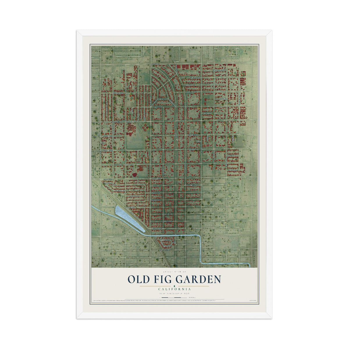 Map of Old Fig Garden, California, 12 x 18 inch print in a white wood frame
