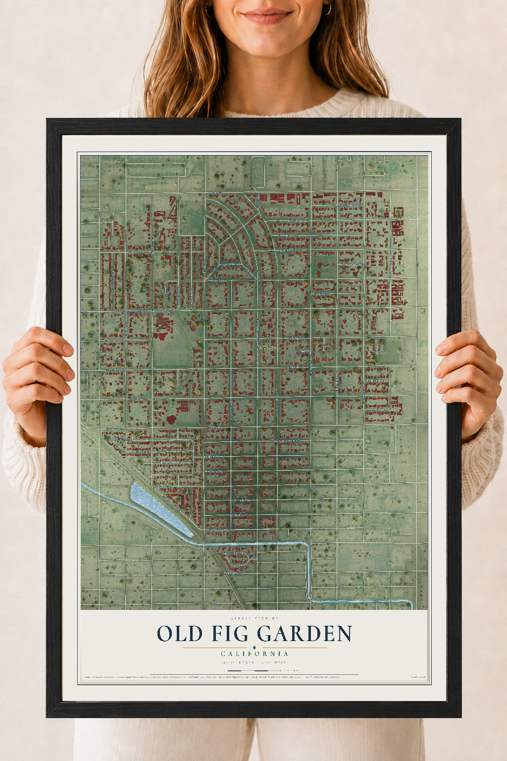 Map of Old Fig Garden, California, 18 x 24 inch print in a black wood frame