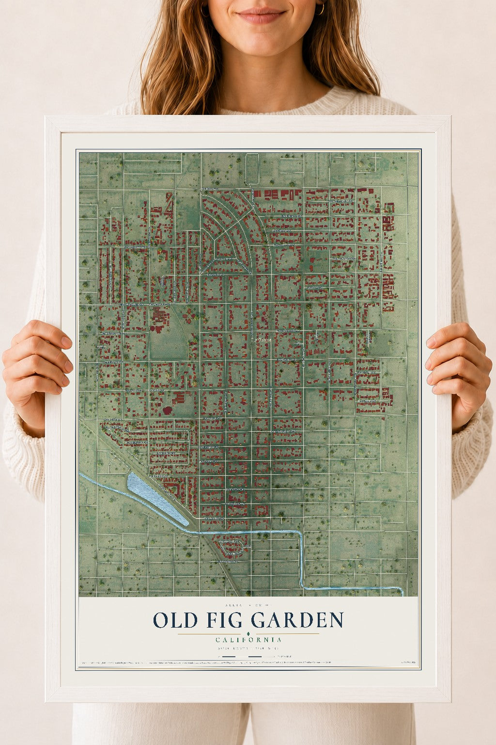 Map of Old Fig Garden, California, 18 x 24 inch print in a white wood frame