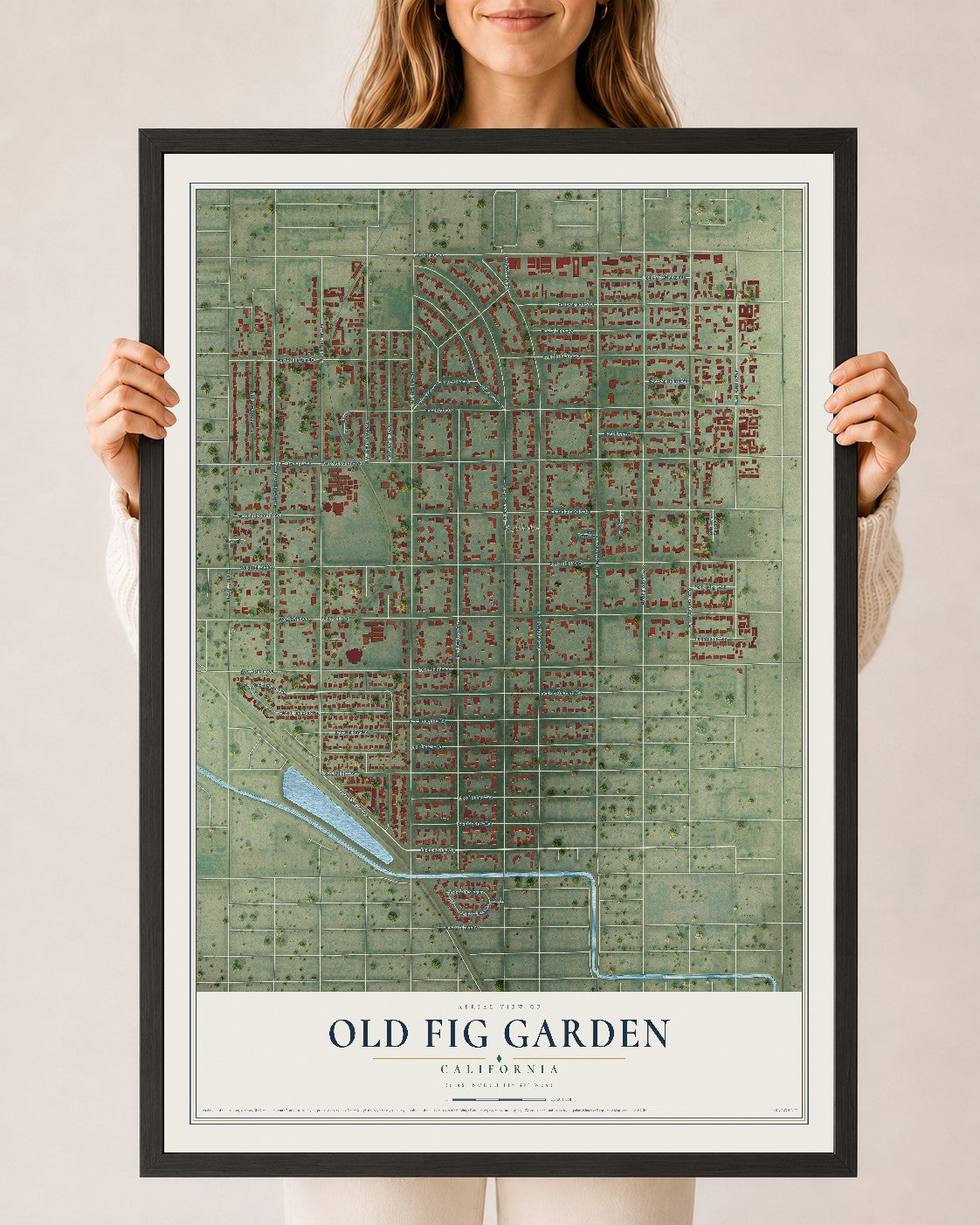 Map of Old Fig Garden, California, 24 x 36 inch print in a black wood frame
