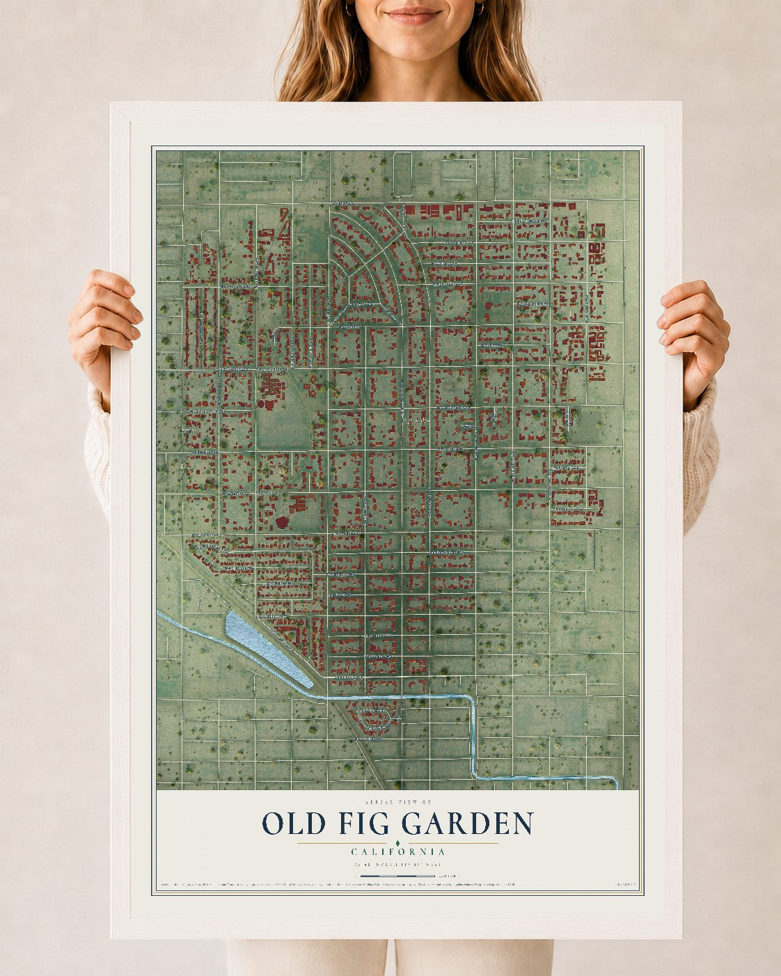 Map of Old Fig Garden, California, 24 x 36 inch print in a white wood frame