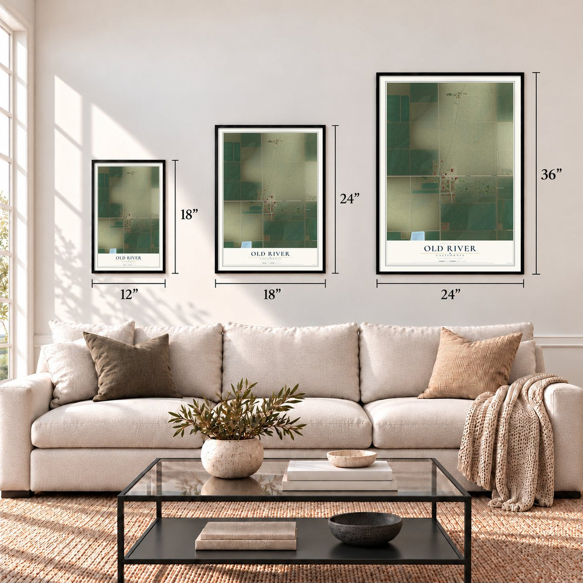 Old River, California map in 12 x 18, 18 x 24 and 24 x 36 inch sizes above a sofa