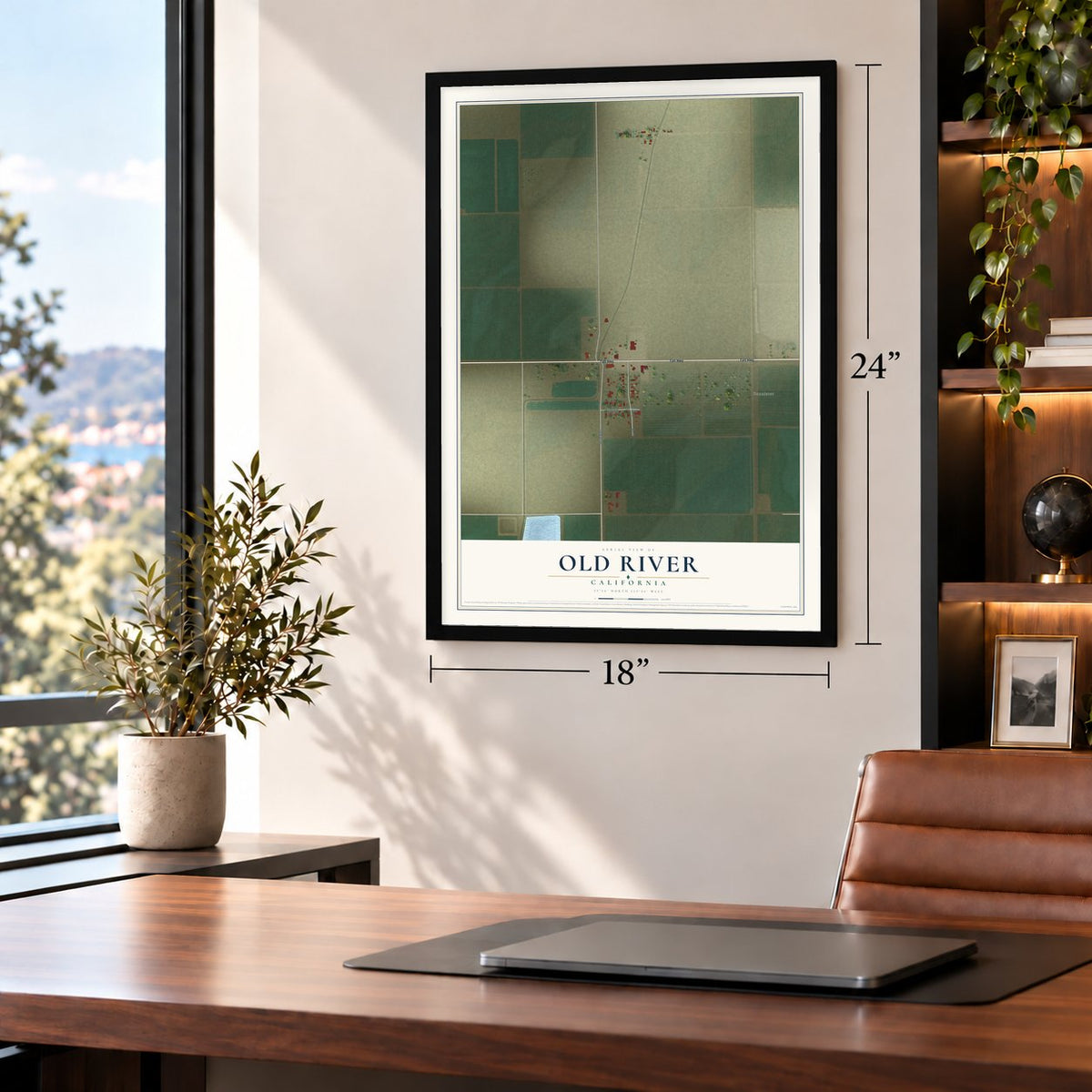 Old River, California map, 18 x 24 inch print in a black frame in a home office