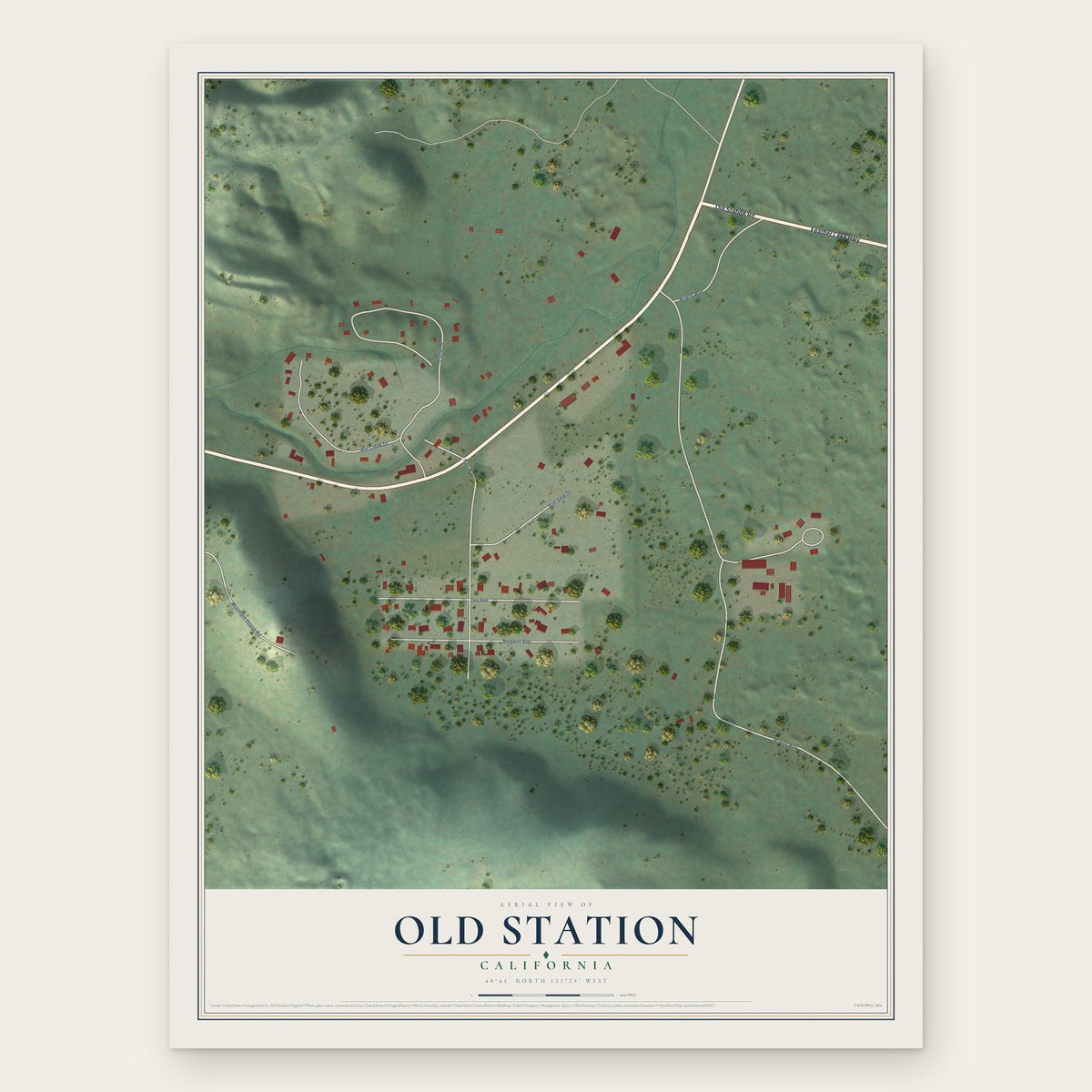 Old Station, California map print, the full design