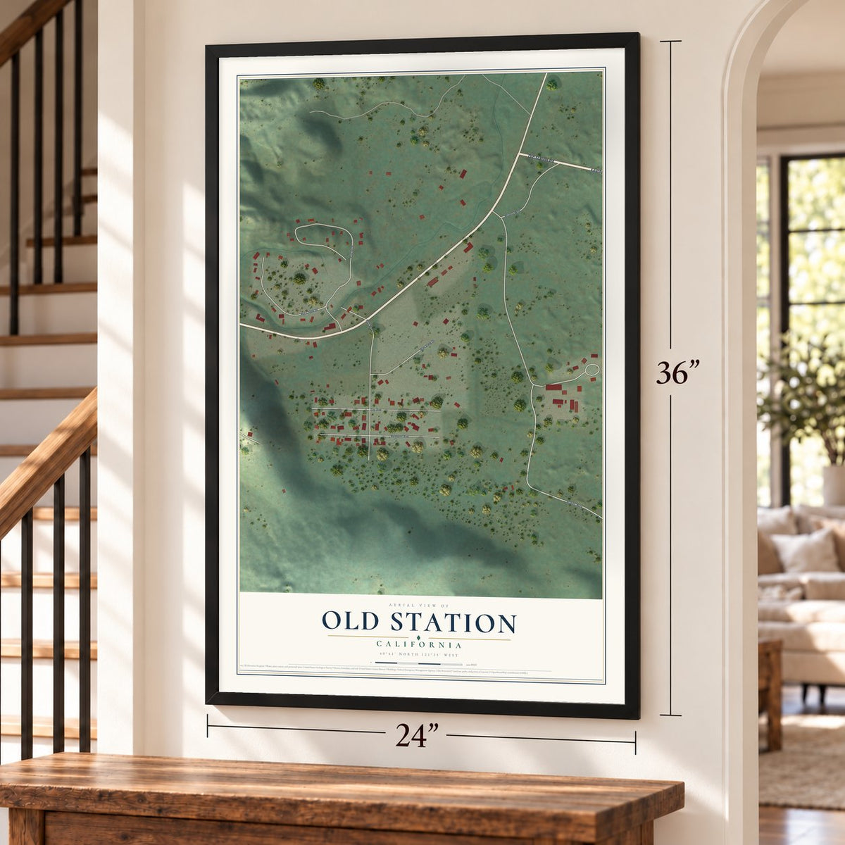 Old Station, California map, 24 x 36 inch print in a black frame by a staircase