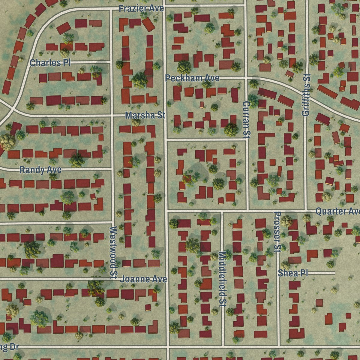 Close-up of the map of Old Stine, California print showing street and building detail