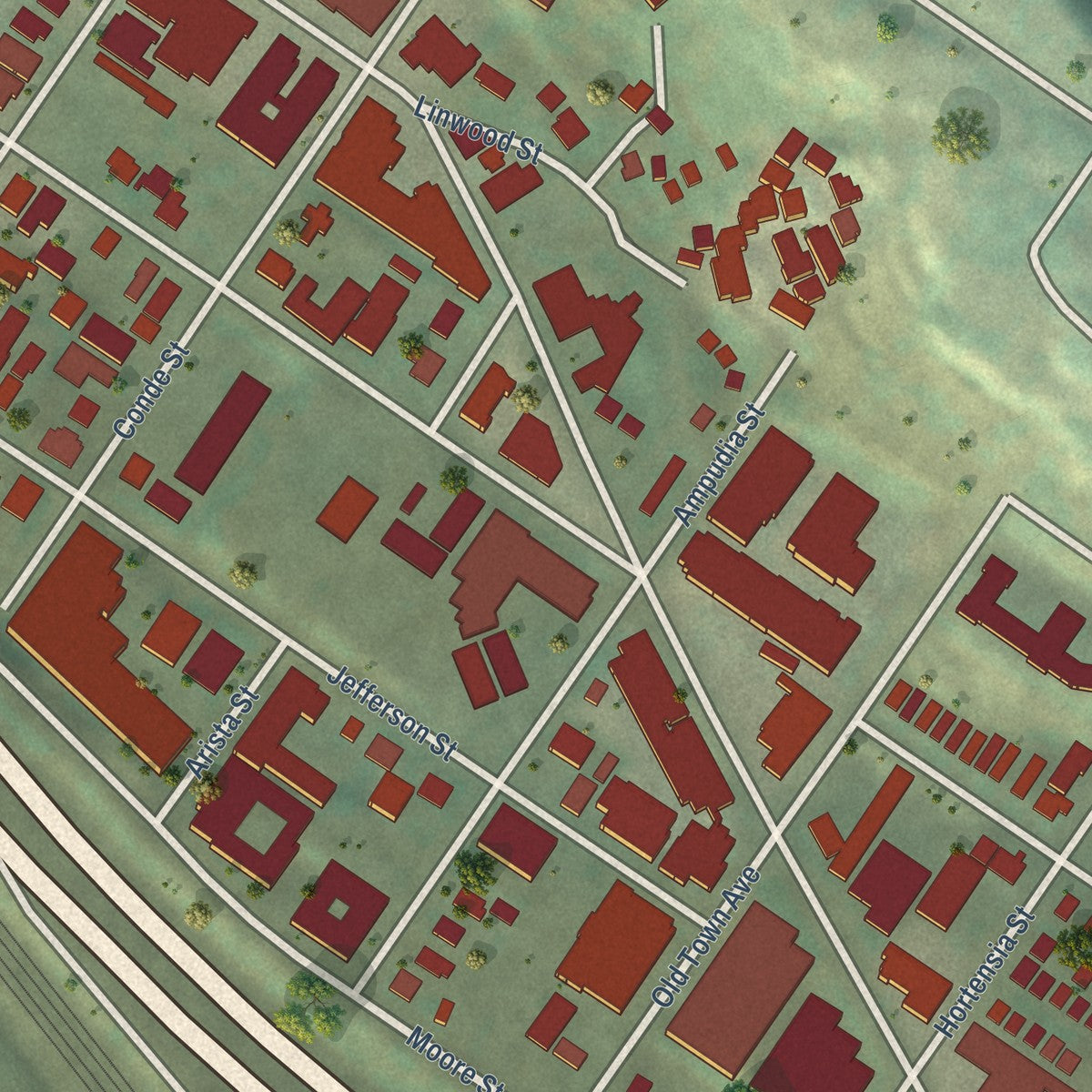 Close-up of the map of Old Town San Diego, California print showing street and building detail