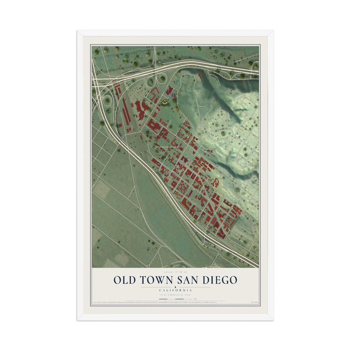 Map of Old Town San Diego, California, 12 x 18 inch print in a white wood frame