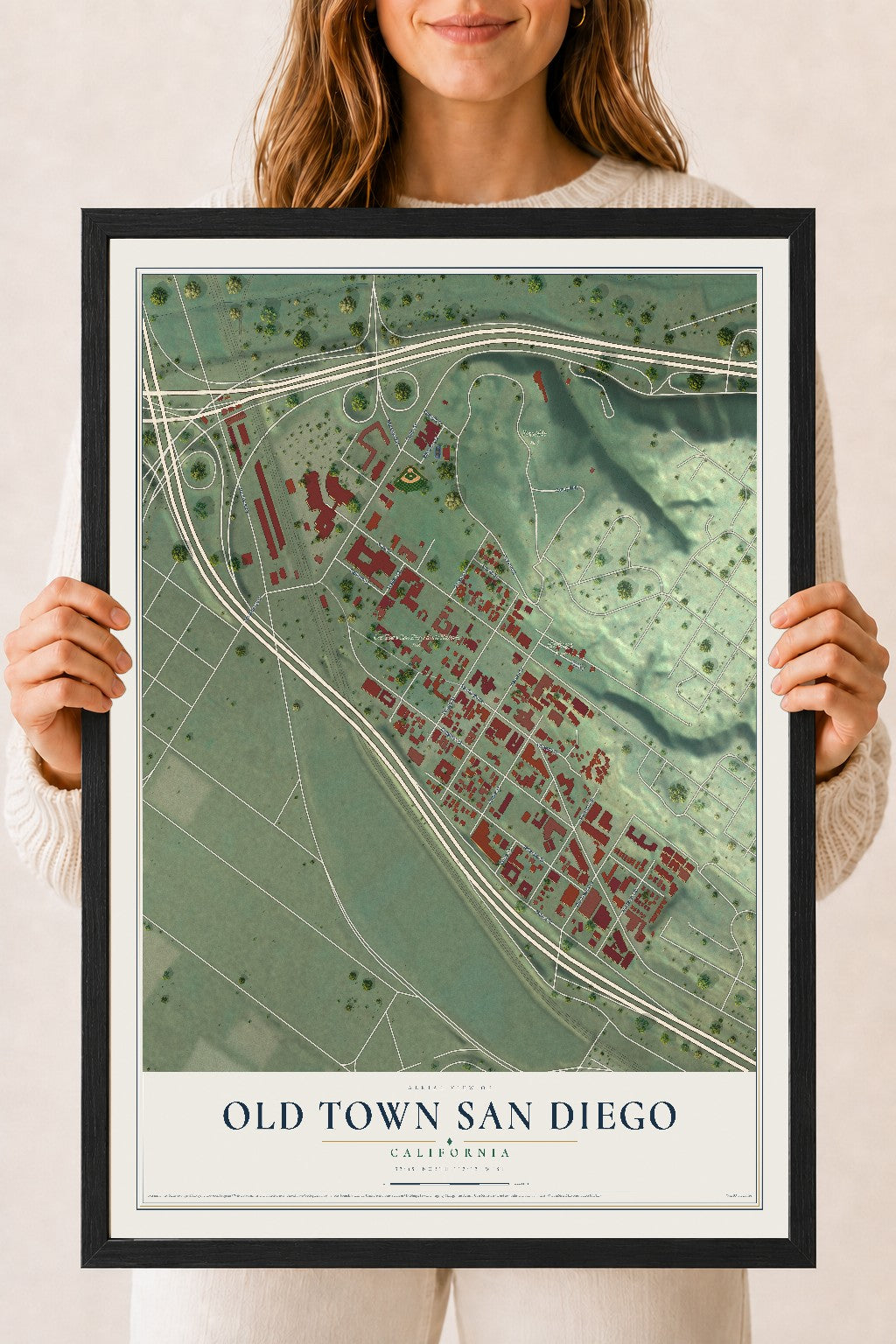 Map of Old Town San Diego, California, 18 x 24 inch print in a black wood frame