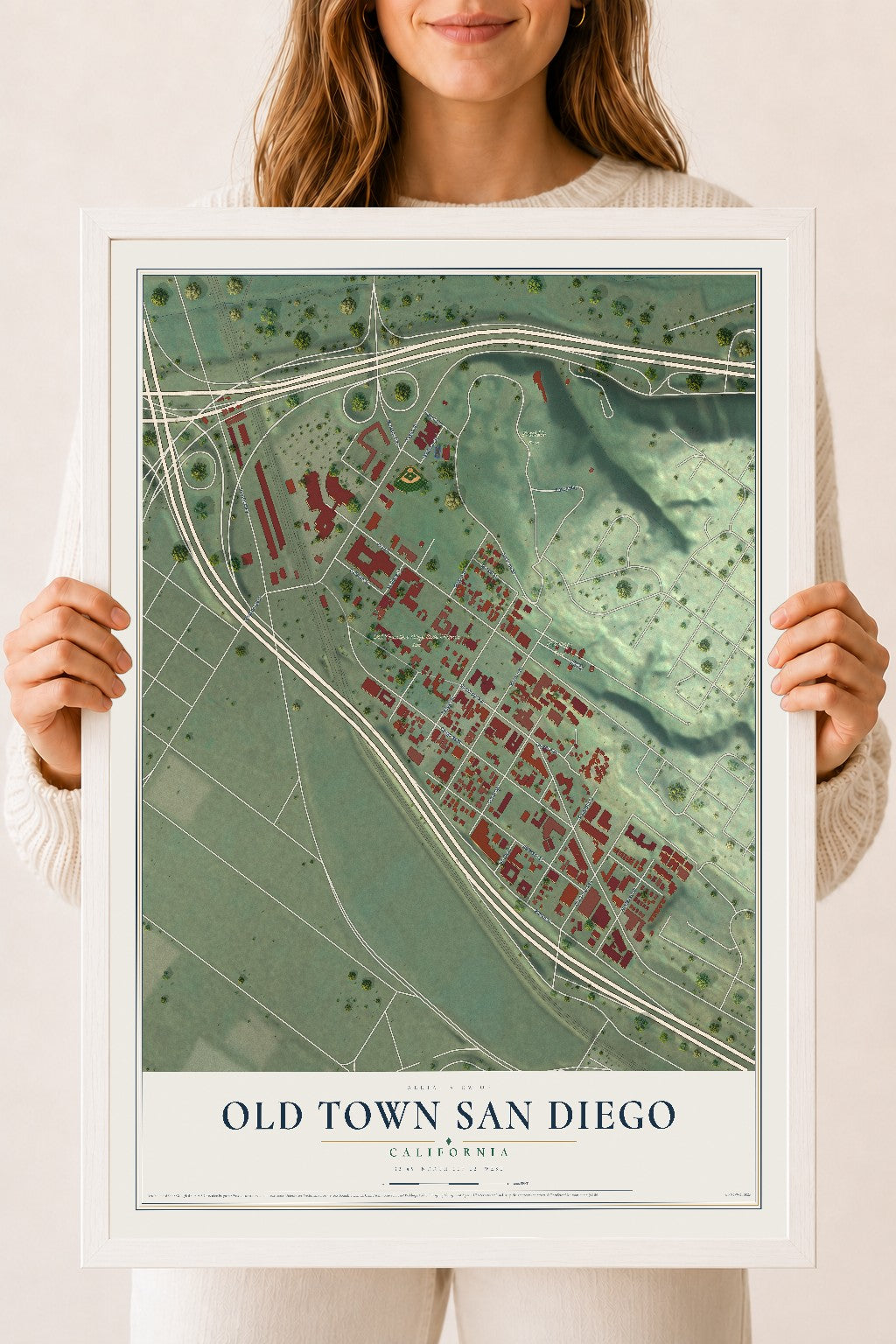 Map of Old Town San Diego, California, 18 x 24 inch print in a white wood frame