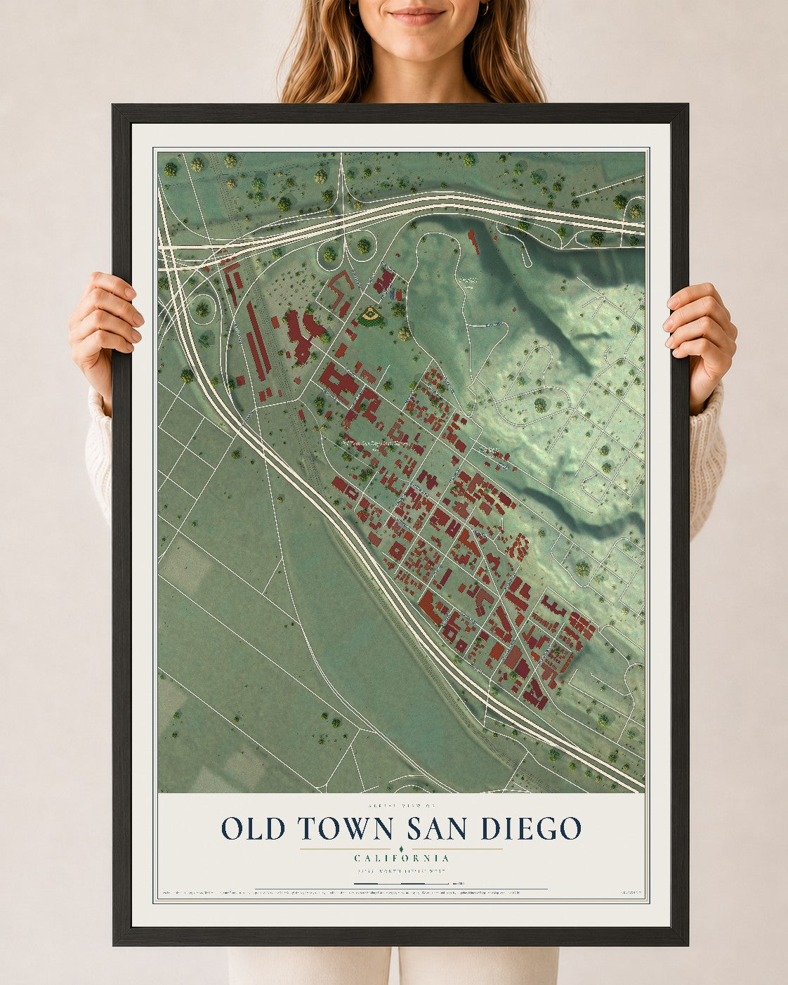 Map of Old Town San Diego, California, 24 x 36 inch print in a black wood frame